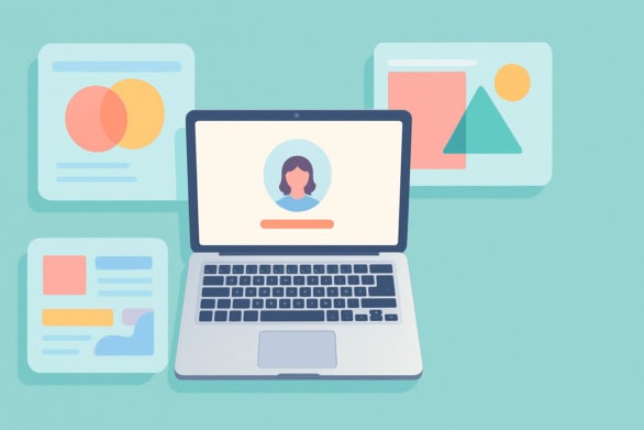 Flat-lay laptop with abstract design windows—featured image for free visual tools 2025 article