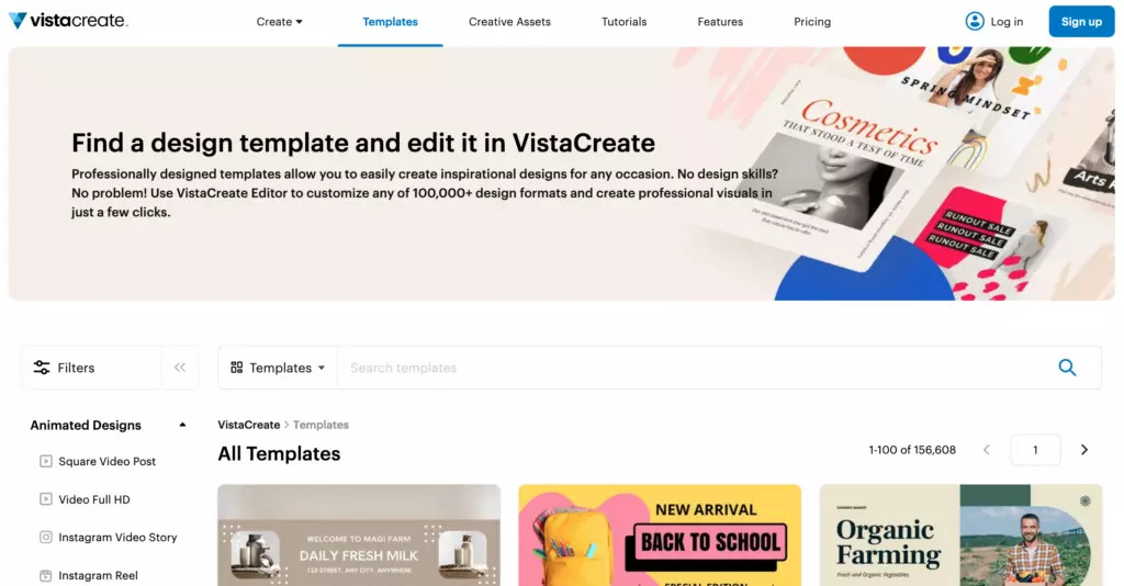 istaCreate editor displaying animated and static template options
