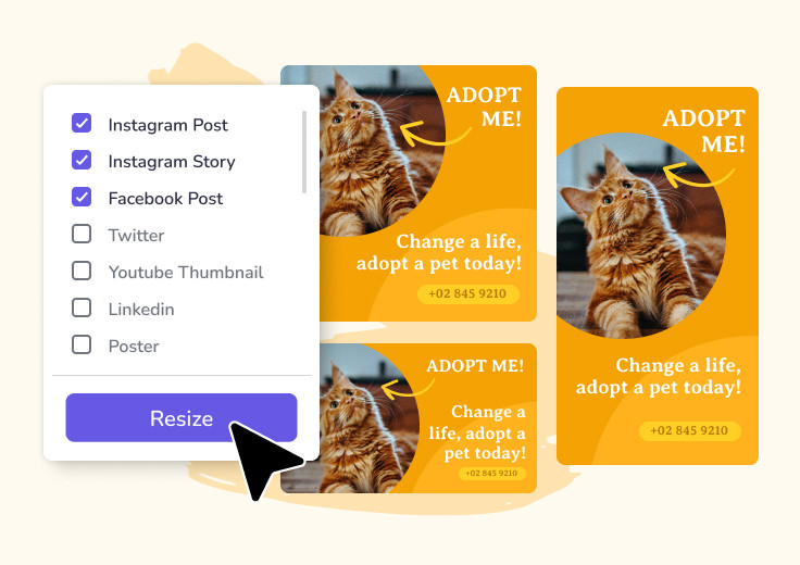 Desygner One-Click Resize dialog converting an Instagram post to other formats