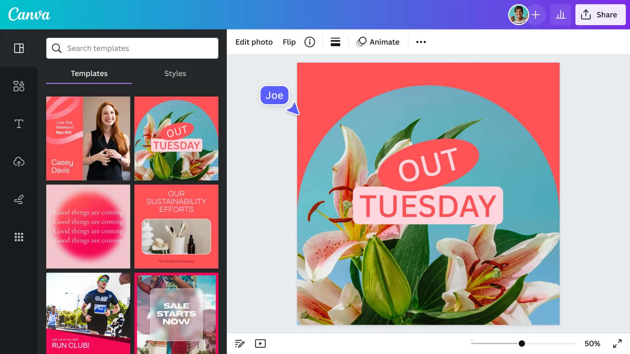 Canva Visual Suite editor—drag-and-drop social-media template in progress