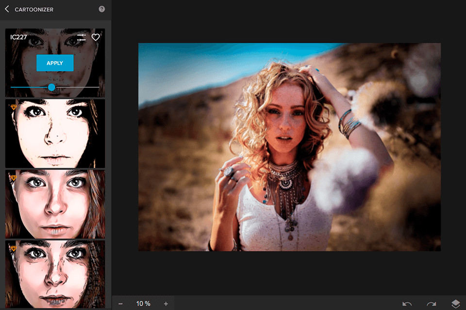 Colorcinch editor with Cartoonizer presets applied to a portrait
