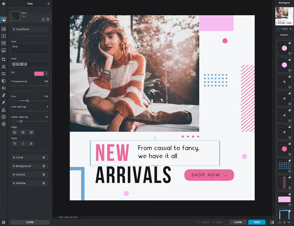 Pixlr X online editor showing social template with side toolbar and layers