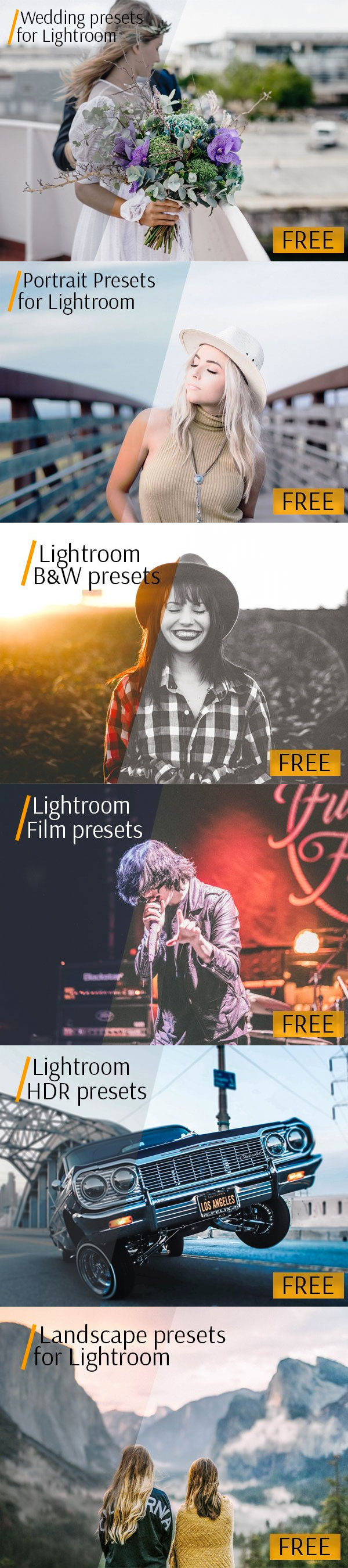 FREE professional Lightroom presets bundles for different photography styles designed by FixThePhoto service.