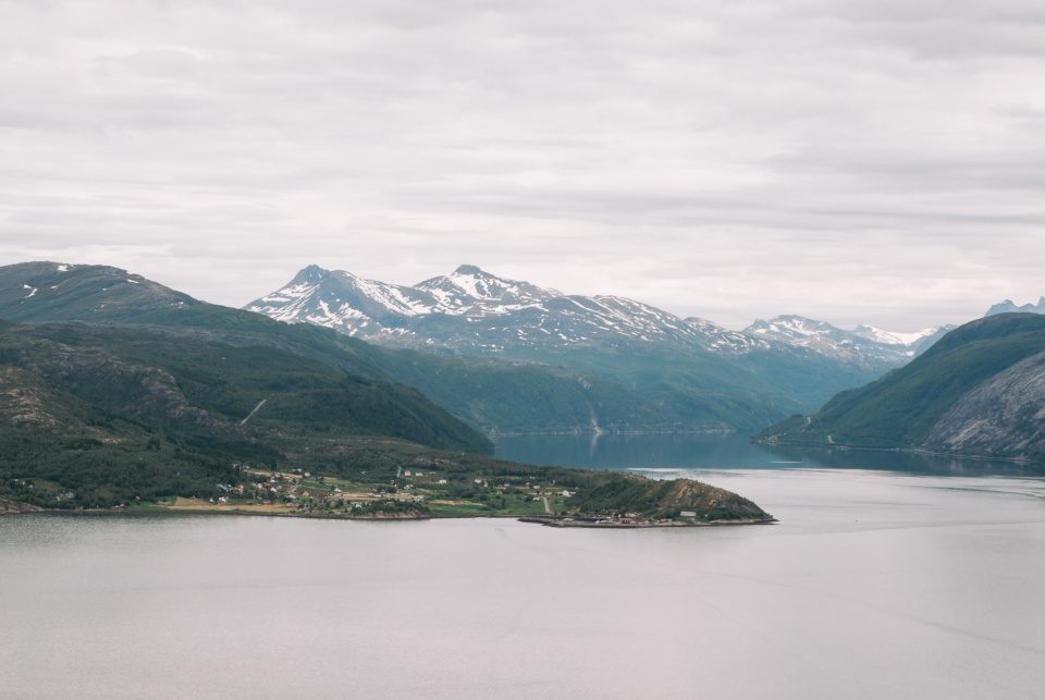 Cloudy fjord landscape