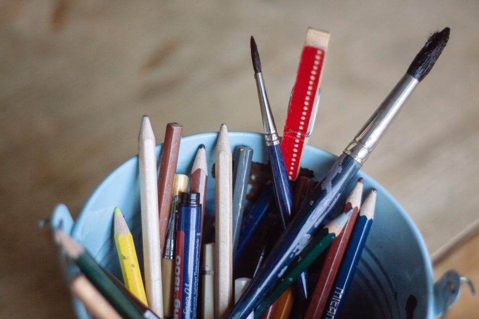 Stationery in a bucket