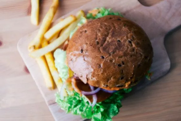 Delicious vegan burger and fries