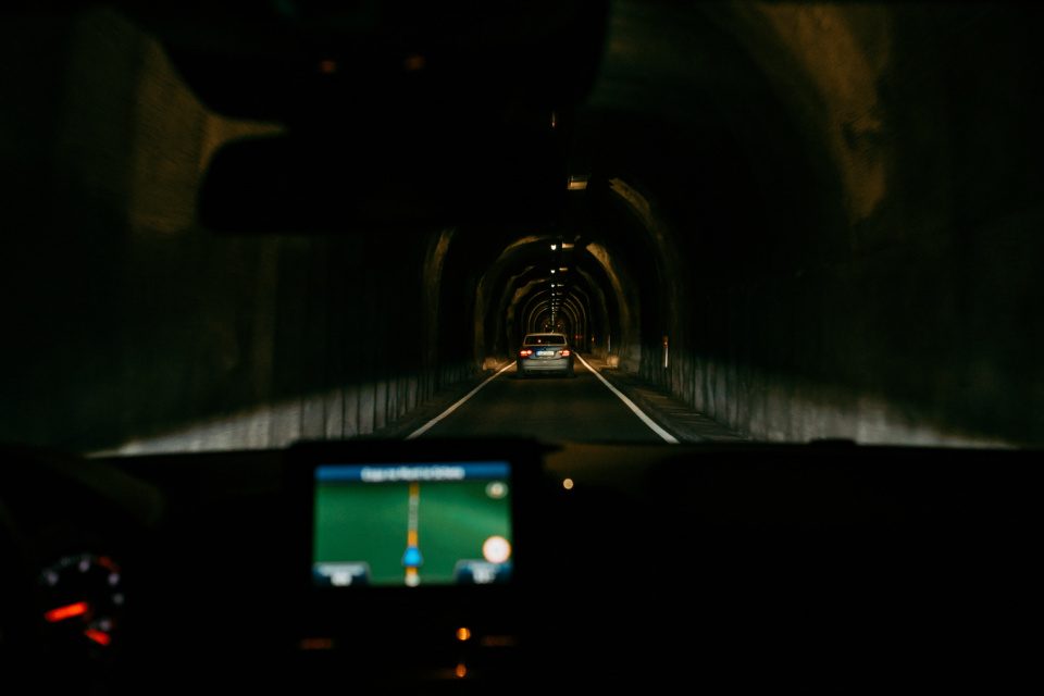 Driving through tunnel in Alps