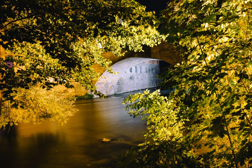 Night channel, bridge and foliage