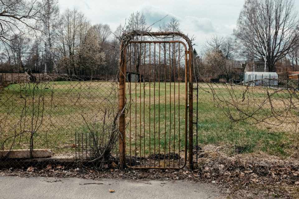 The rusty gate to empty garden plot