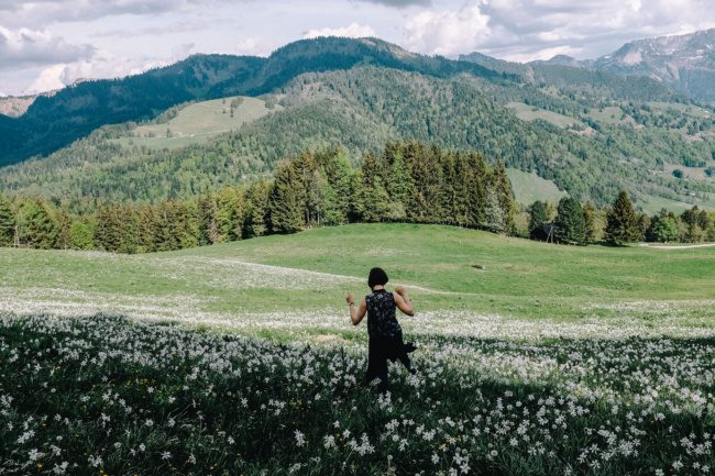 Young woman walks in flower field in the Alps