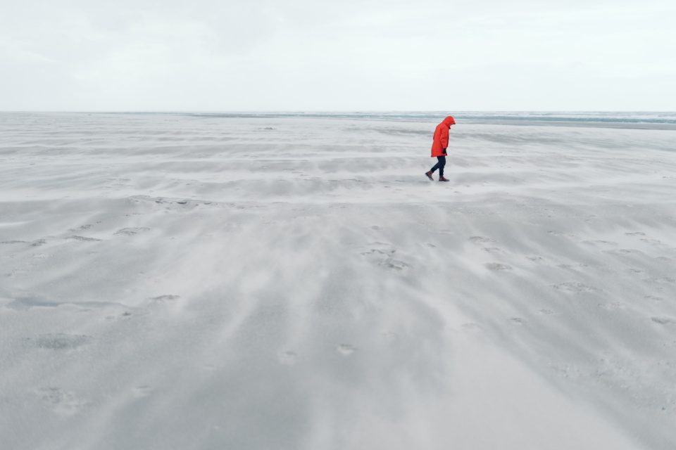 Person in red jacket on the North Sea coast