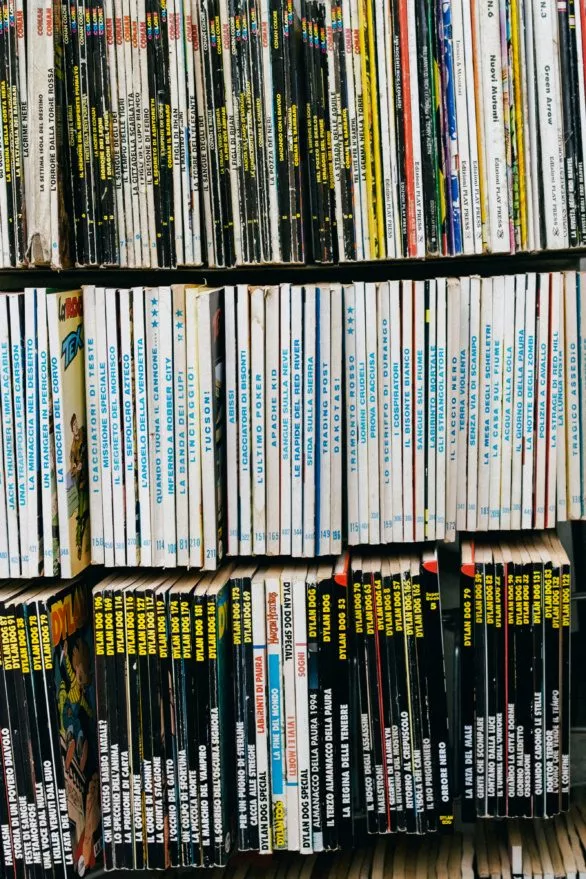 Rows of old magazines in a kiosk