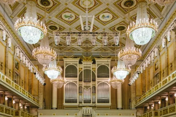 Concert hall ceiling and chandeliers