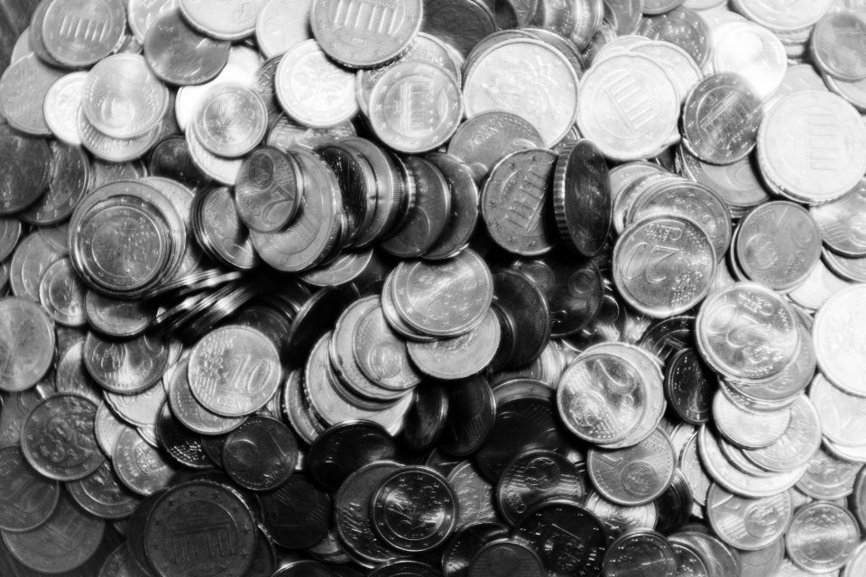 Pile of euro cent coins, black and white