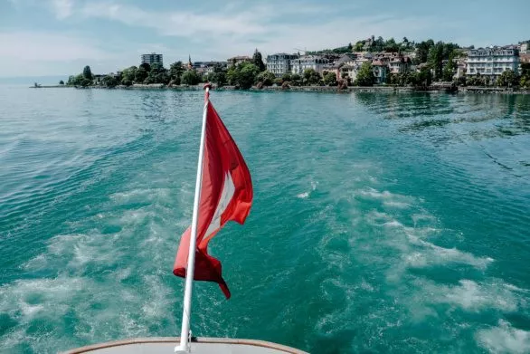 Swiss flag at the stern of a ship on Lac Leman