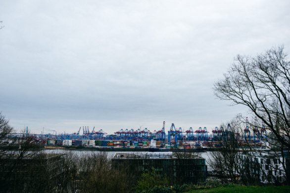 View of the port of Hamburg from the banks of Elbe
