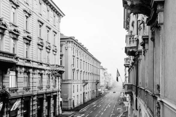 Empty street in Bergamo Italy black and white