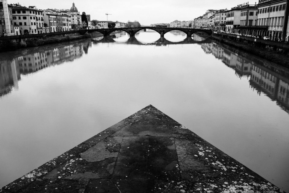 Arno river in Florence, Italy, in black and white
