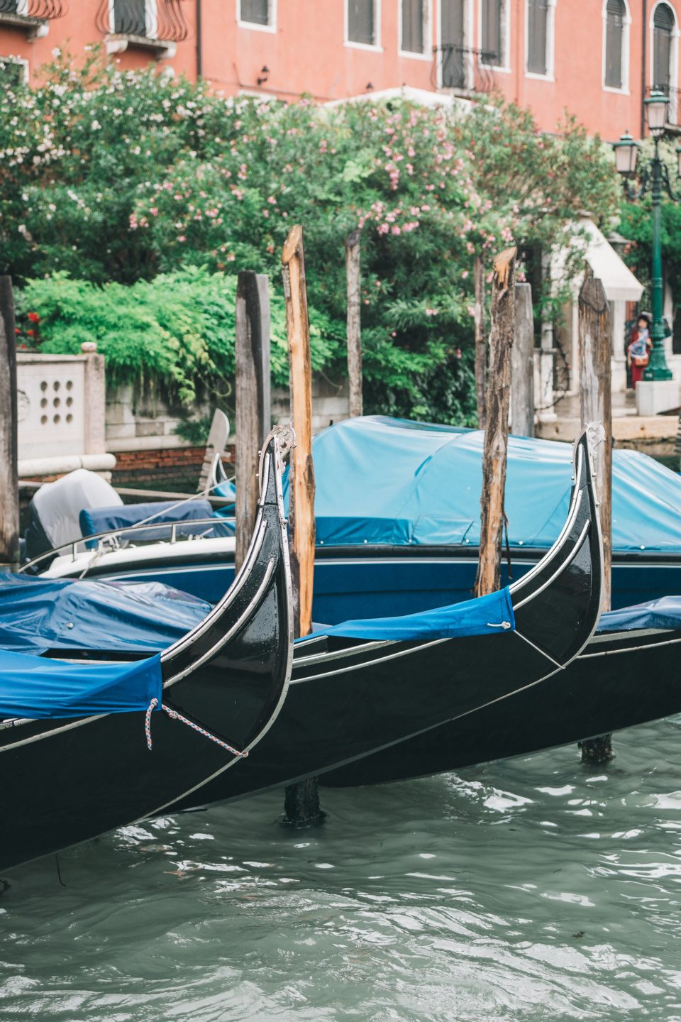 Gondolas anchored on canal  in Venice, Italy