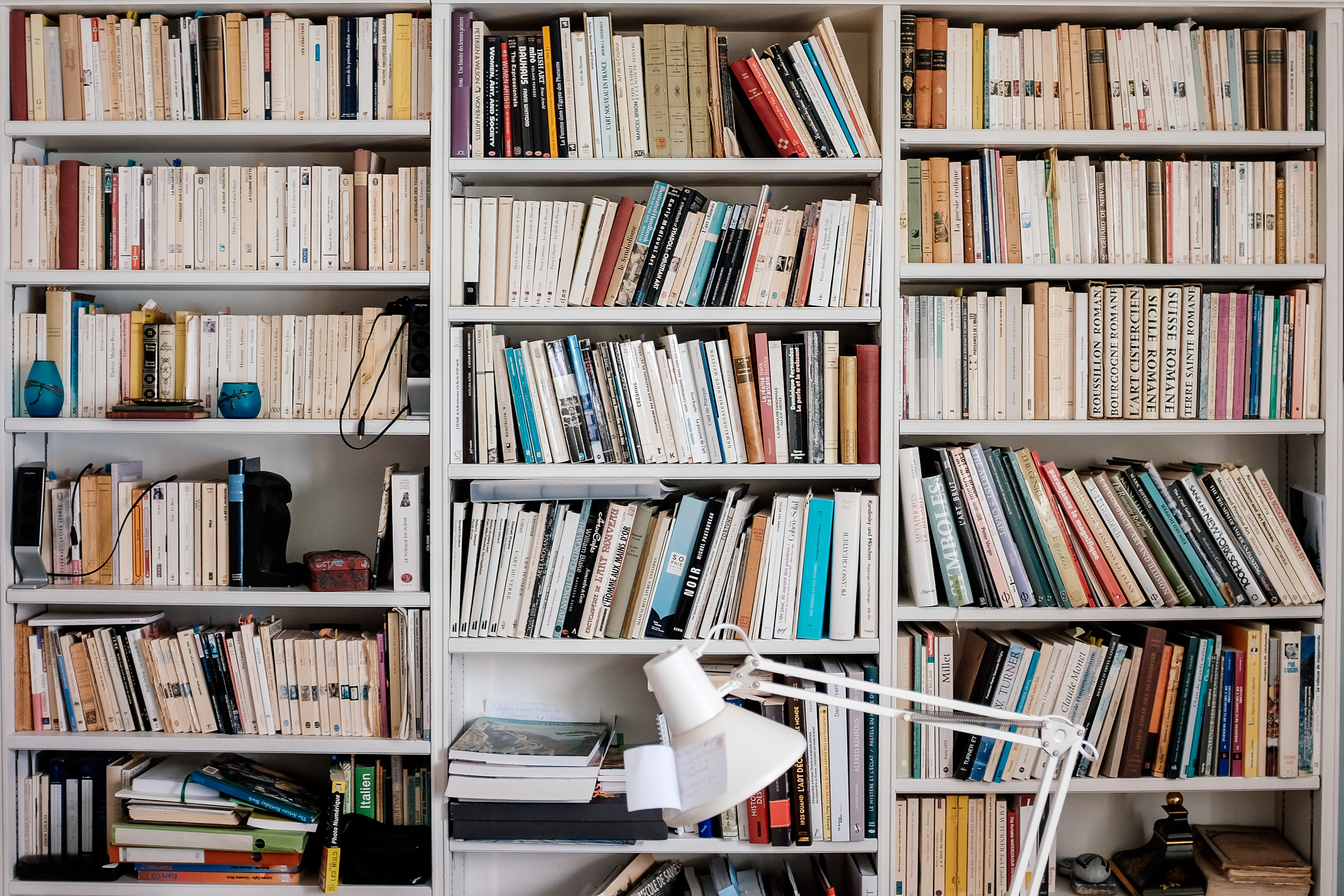 Shelves with books in a home office library. 