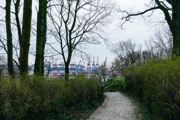 View to the port of Hamburg from the park