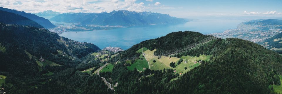 Panoramic aerial view of Montreux, Lake Geneva and Vevey