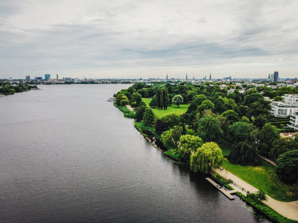Aerial view of Alster in Hamburg, Germany