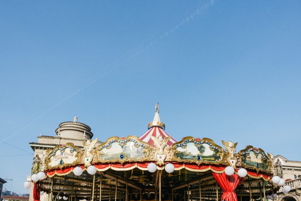Detail of the Christmas carousel against the blue sky