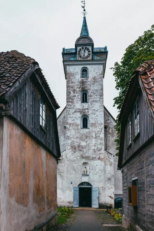 Church in old center of Kuldiga, Latvia