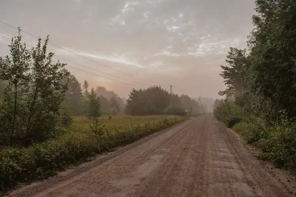 A rural gravel road on an early foggy morning