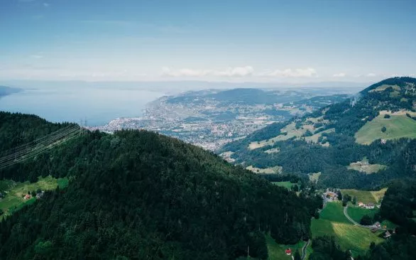 Panoramic aerial view towards Vevey and Lake Geneva
