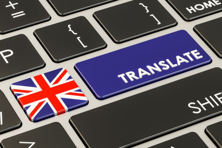 Translate concept on keyboard with British flag, 3D rendering