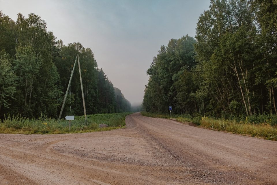 A crossroads on a rural gravel road on an early foggy morning