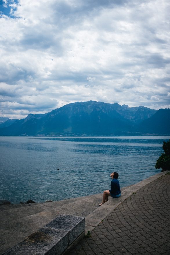 Girl on the shore of Lake Geneva in Vevey