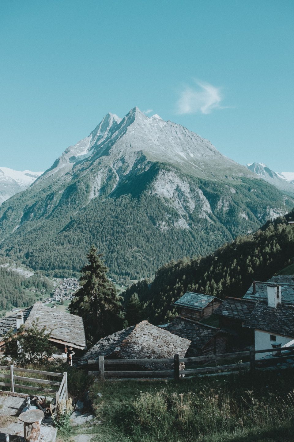 Mountain peaks and chalets in Val d'Hérens in Valais, Switzerla