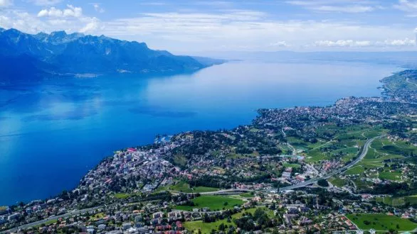 Panorama of Lake Geneva captured from a drone