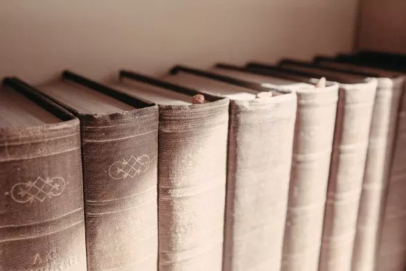 Spines of old books on shelf