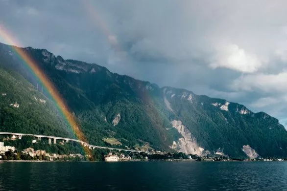 Rainbows and storm clouds over Lake Geneva