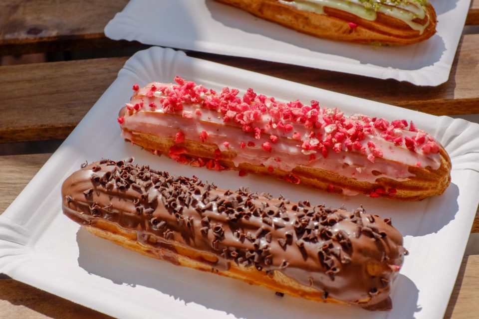 Delicious eclairs at an outdoor cafe