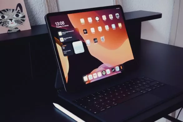 Tablet on a floating magic keyboard