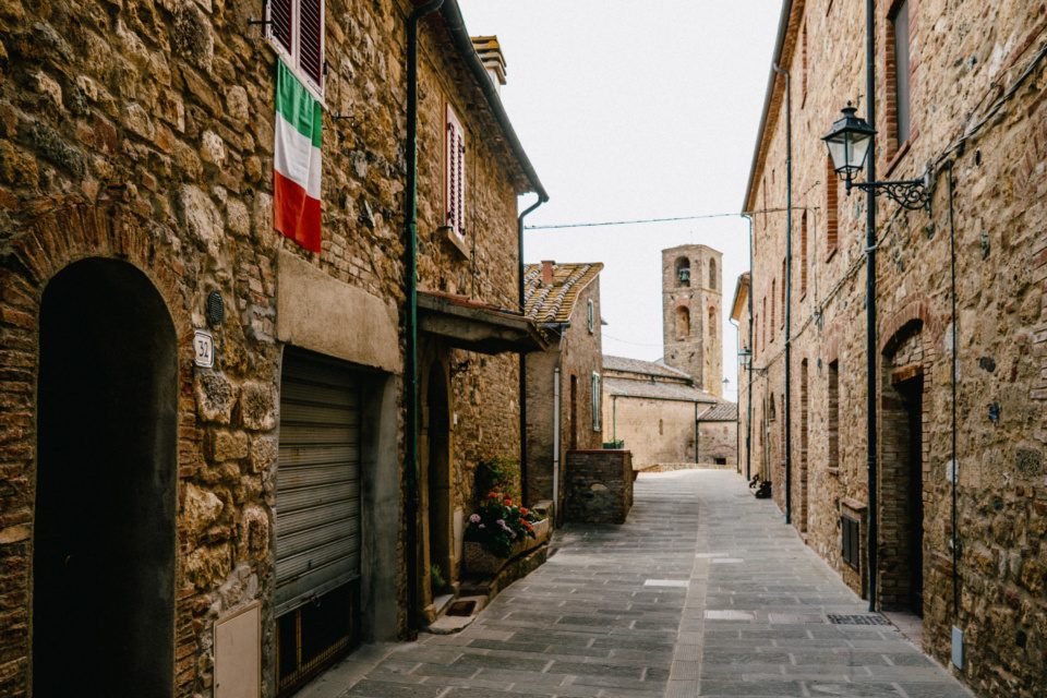 Street in Montecastelli Pisano village in Italy