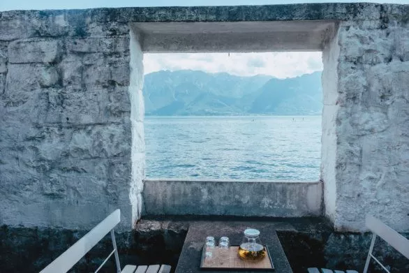 Villa Le Lac Le Corbusier tea table in front of Lake Geneva