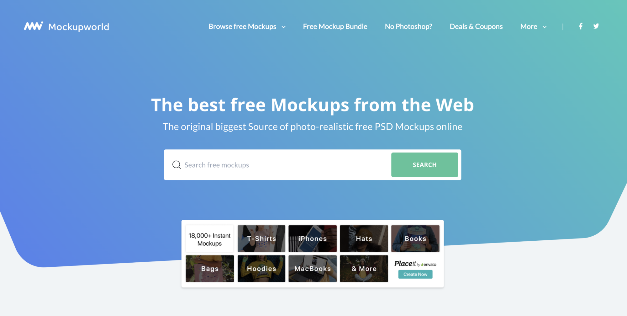 Screenshot displaying Mockup World's homepage, featuring an extensive range of free mockup templates including devices, apparel, and outdoor advertising, all easily accessible for designers.