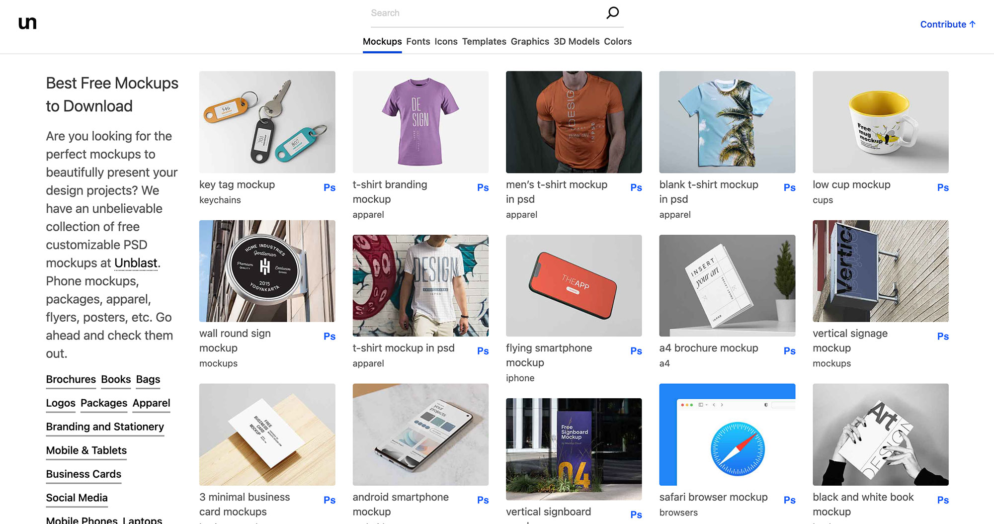 Screen capture of Unblast's website showcasing an assortment of free mockup templates, featuring diverse design resources such as packaging, posters, and business cards, all organized for easy browsing.