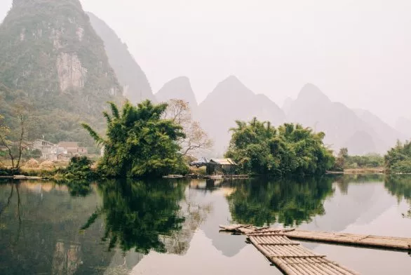 Pond and mountains in Yangshuo, China
