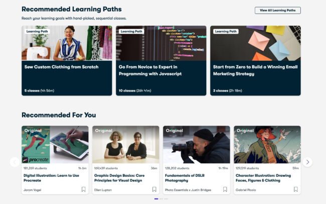 Recommended courses on the SKillshare homepage