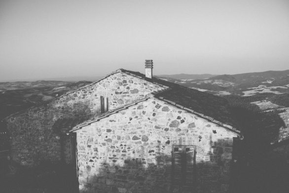 Italian village in faded black and white