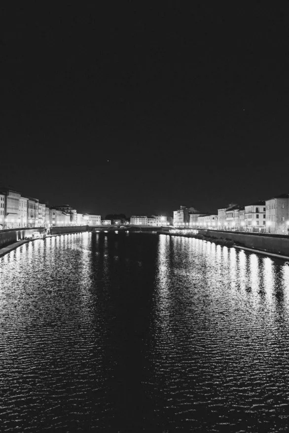 Arno River at night, Pisa, monochrome