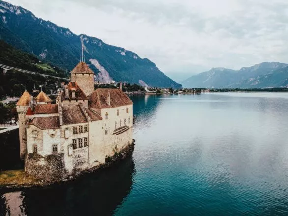 Chillon castle, view from the drone to Lake Geneva near Montreux