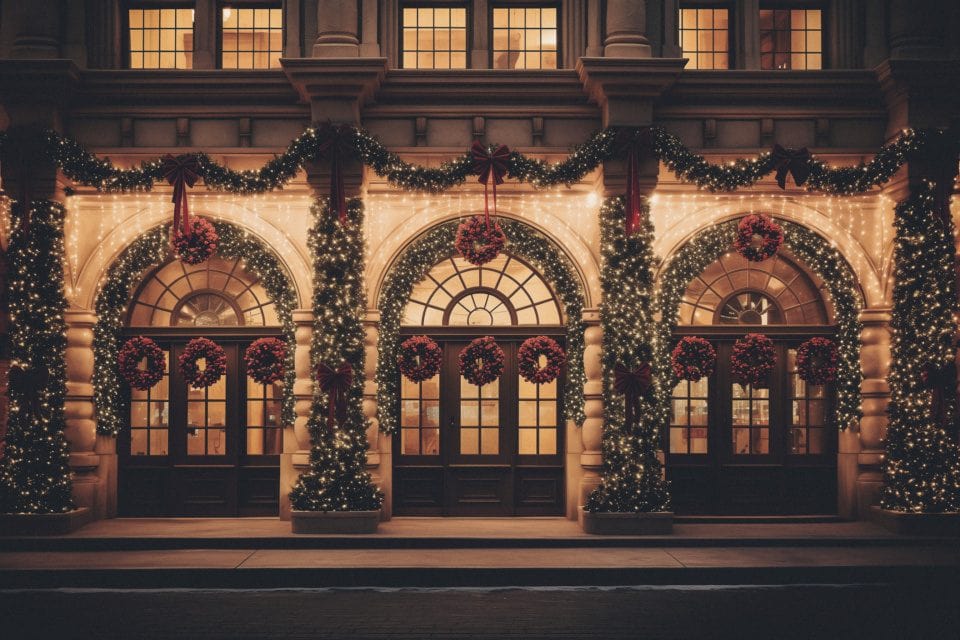 Elegant Facade with Holiday Wreaths